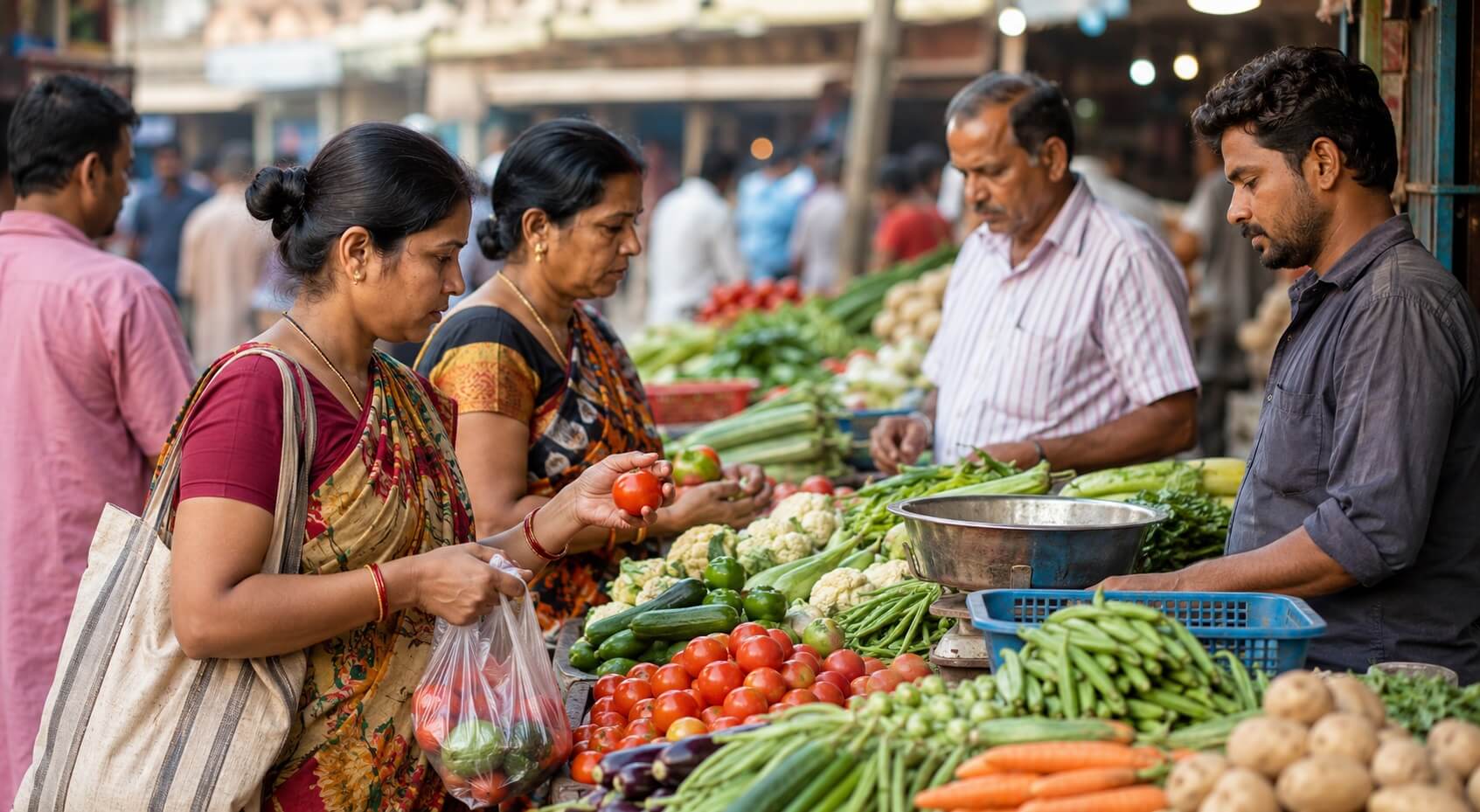 बाजार में बढ़ती कीमतों के बीच सामान खरीदते लोग