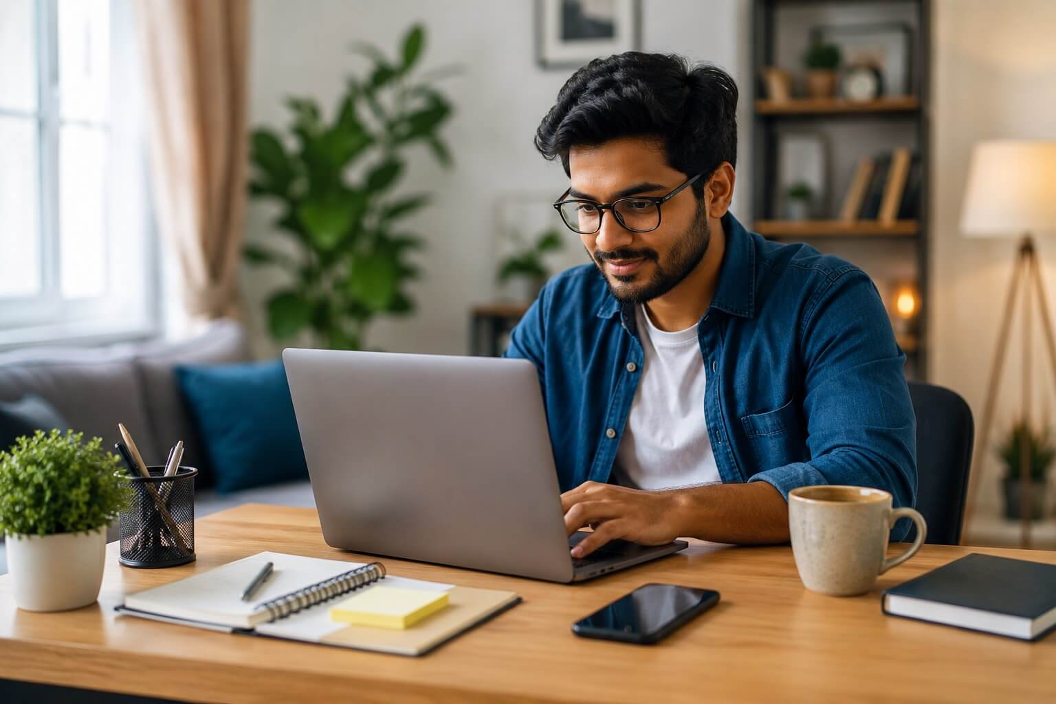 घर से लैपटॉप पर ऑनलाइन काम करके पैसे कमाता भारतीय व्यक्ति