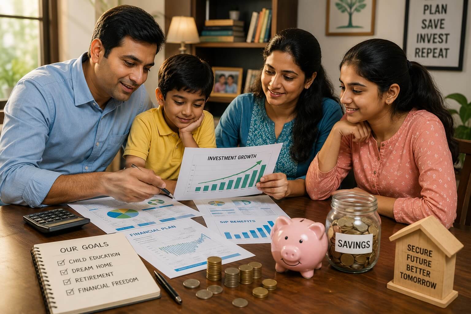 लंबे समय के निवेश की योजना बनाते हुए भारतीय परिवार का दृश्य